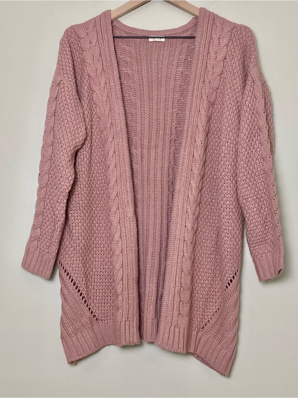 Cable Knit Cardigan Sweater Slouchy Chunky Cozy Fall Layering Pink Mauve M/L